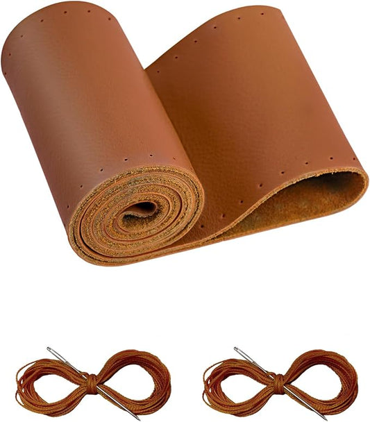 Belinous Leather Steering Wheel Cover Lace Up, Stitch on Steering Wheel Wrap, Universal Fit 13-20 Inch Car Truck Pickup Boat, A Whole Piece of Cowhide, DIY w/Needle Thread (Size XL0, Brown)