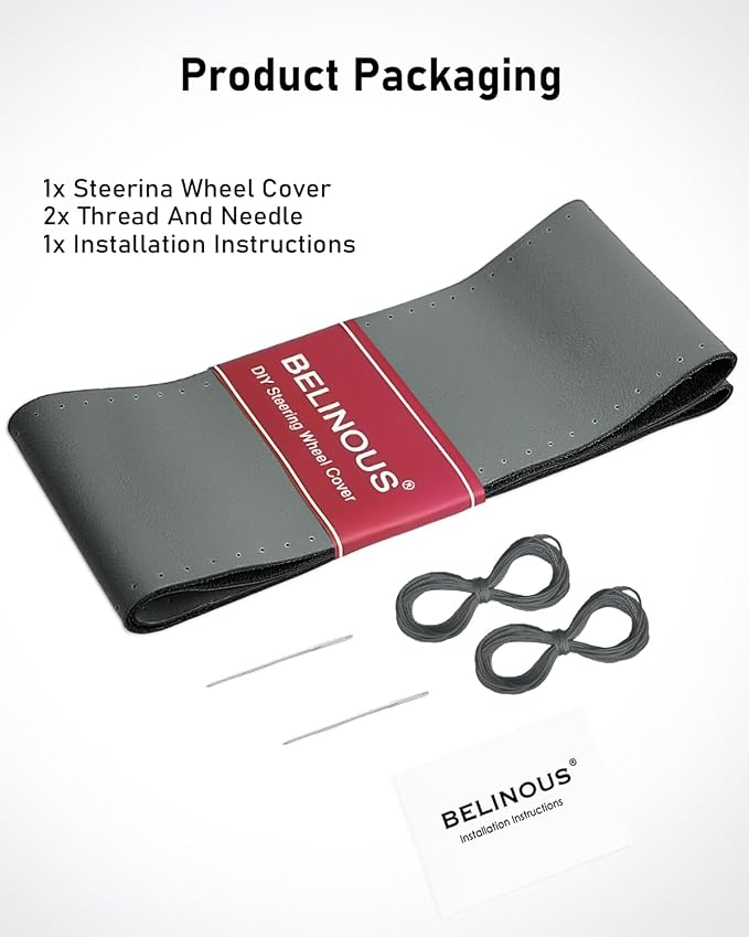 BELINOUS Leather Steering Wheel Cover Lace Up, Stitch on Steering Wheel Wrap, Universal Fit 13-20 Inch Car Truck Pickup Boat, A Whole Piece of Cowhide, DIY w/Needle Thread (Size XL0, Gray)