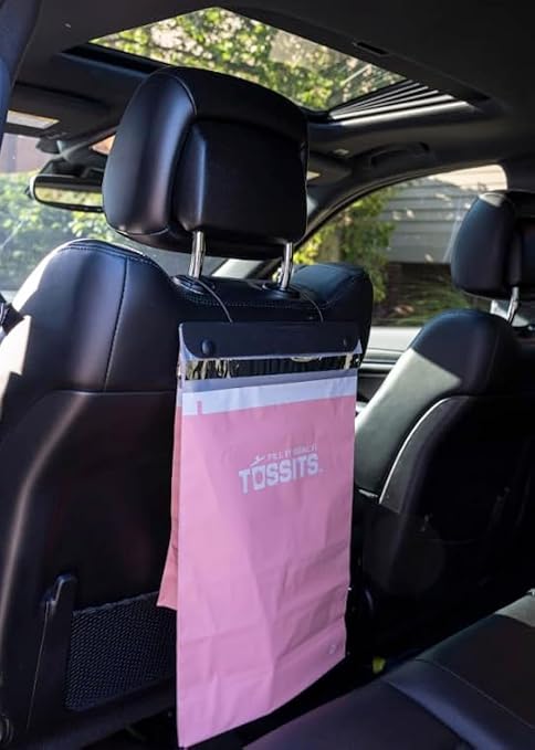 Tossits Hanging Car Trash & Garbage Bags, Disposable, Pink 21 Count | 2 gal, 12 x 15 in, fits over headrest or console, recycled plastic, leakproof, seals odors, everyday light waste