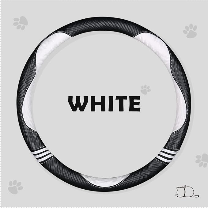 HighnessHwoo Car Steering Wheel Covers for Women Girl Padded Carbon Fiber PU Leather Cute Cartoon Auto Interior Accessories for Jeep, Truck, Universal, Anti Slip, White, Large Size, 15.2-16in
