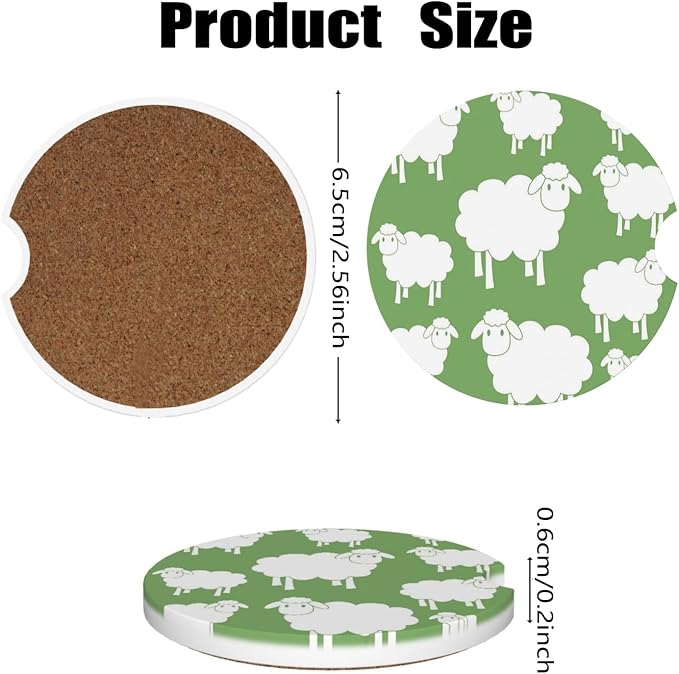 Ceramic Car Cup Coasters 2PCS - Sheep | with Cork Back & Finger Slot, Anti-Slip Shock Absorbing, Universal Car Interior Accessories for Men Women