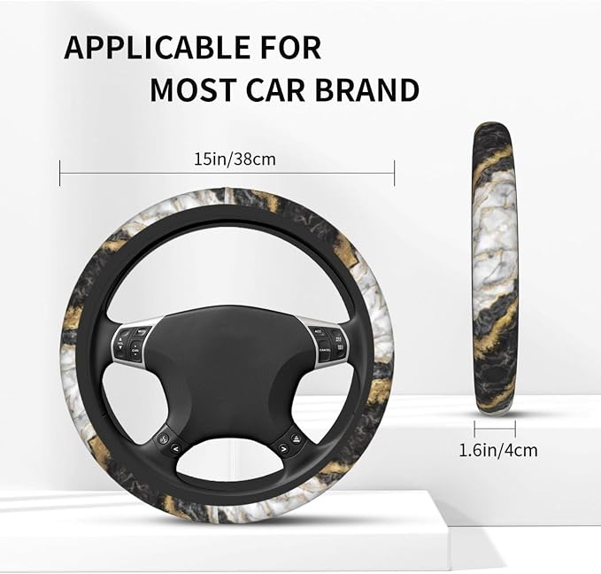 Marble Black And Grey Gold Steering Wheel Cover For Women Men Girls, Universal 15 Inch Anti Slip Steering Wheel Protector Car Accessories Interior For Auto Truck Suv