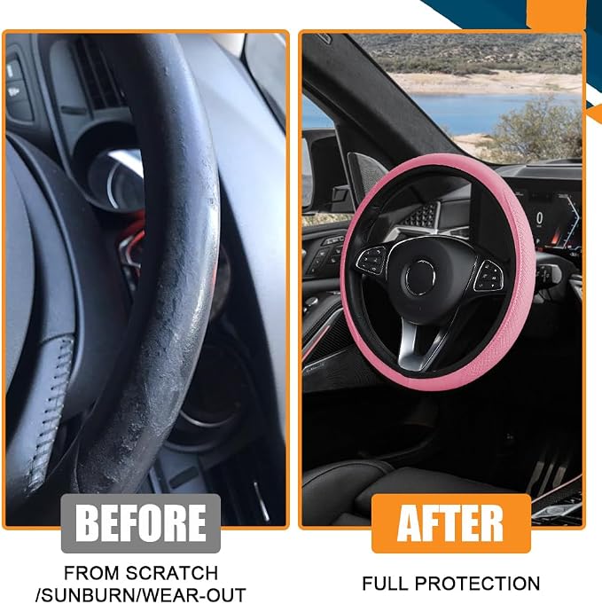Car Steering Wheel Cover, Universal 14.5-15 Inch Pink Leather Steering Wheel Wrap with Better Sport Grip for Men Women, Anti-Slip Breathable Car Interior Accessories for Most Vehicles (Pink2)