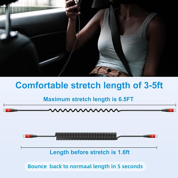 USB C to USB C Cable 6ft, 2Pack Coiled USBC Charger Cable for CarPlay | Android Auto USB Type C Cord iPhone USB C Cable Compatible with iPhone 17/16/15/Pro Max/Plus/Samsung Galaxy S26 nd More-Red