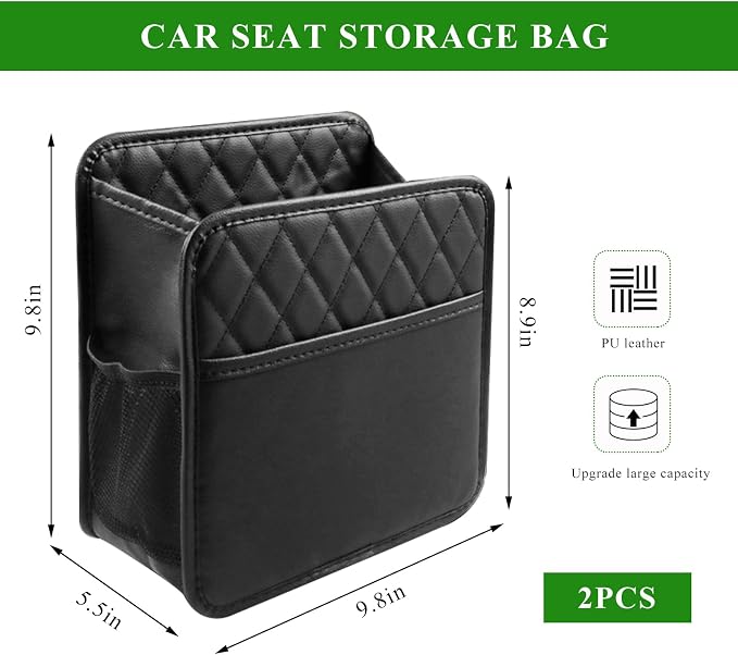 2PCS Car Seat Back Organizer, Waterproof Leather Hanging Backseat Organizer with Storage Pockets, Large Capacity Auto Trash Bag Collapsible Document Holder for Most Vehicles