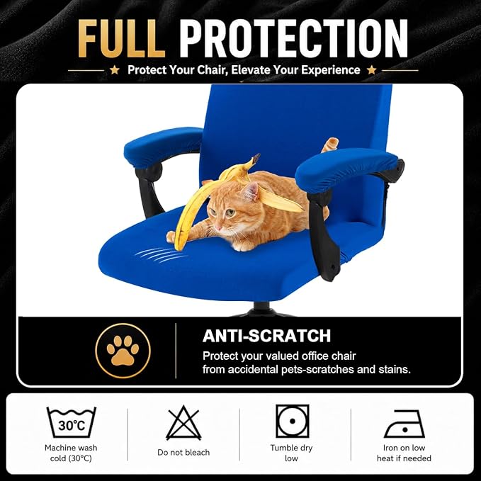 Stretch Computer Office Chair Cover with Armrest Covers Durable Zipper Universal Washable Removable Spandex Rotating Boss Chair Slipcovers Anti-dust Soft Desk Chair Seat Protector, Royal Blue