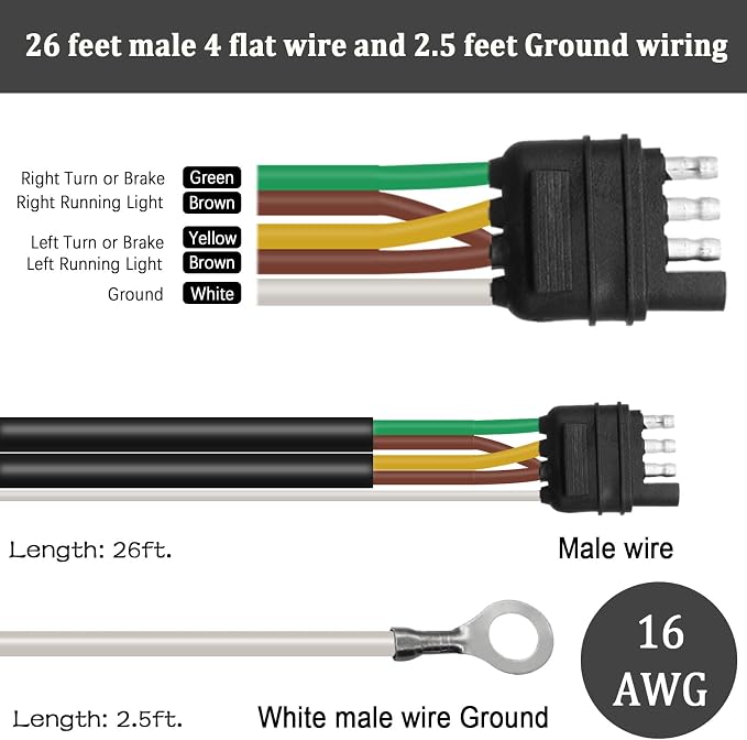 26FT 4 Pin 5 Wire Trailer Wiring Harness,Trailer Light Kit with Jacketed Cable (16AWG),4 Way Flat 5 Wire Plug for Rewiring RV Boat Both-Side Taillights