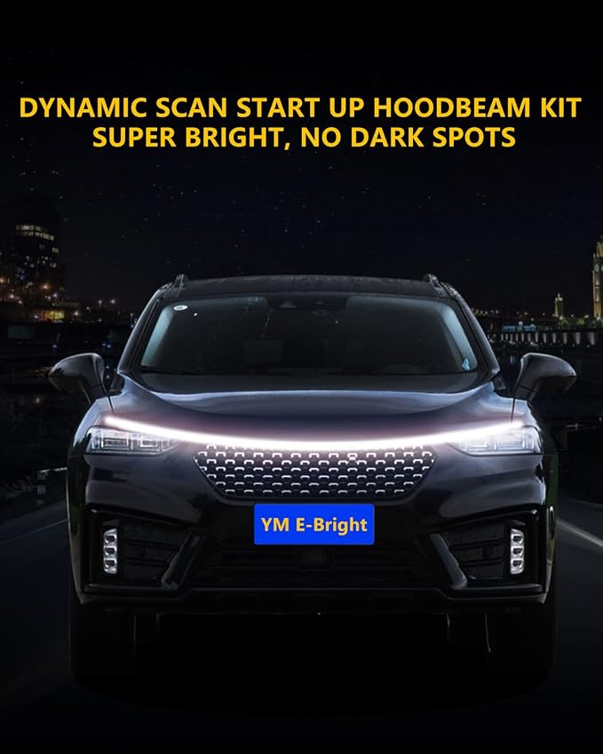 YM E-Bright Led Hood Light Strip Flexible Waterproof Dynamic Scan Start Up Hoodbeam Kit DRL Daytime Running Lights Exterior Led Lights for Cars, Truck, SUV, 12V White 240CM/94inch, 1 Set