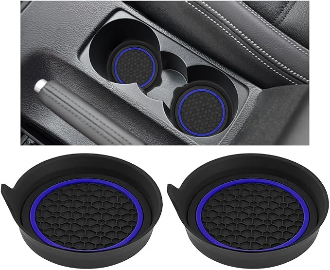 HZEL Car Cup Holder Coasters, 2PCS Non Slip Waterproof Vehicle Water Bottle Pads, Recessed Automotive Drink Mat Decoration Accessories, Universal Fit (Blue/Black)