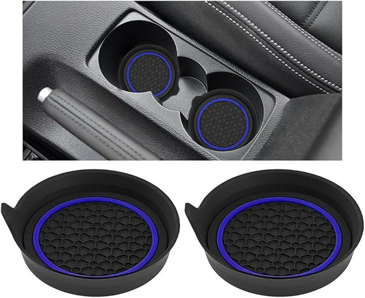 HZEL Car Cup Holder Coasters, 2PCS Non Slip Waterproof Vehicle Water Bottle Pads, Recessed Automotive Drink Mat Decoration Accessories, Universal Fit (Blue/Black)