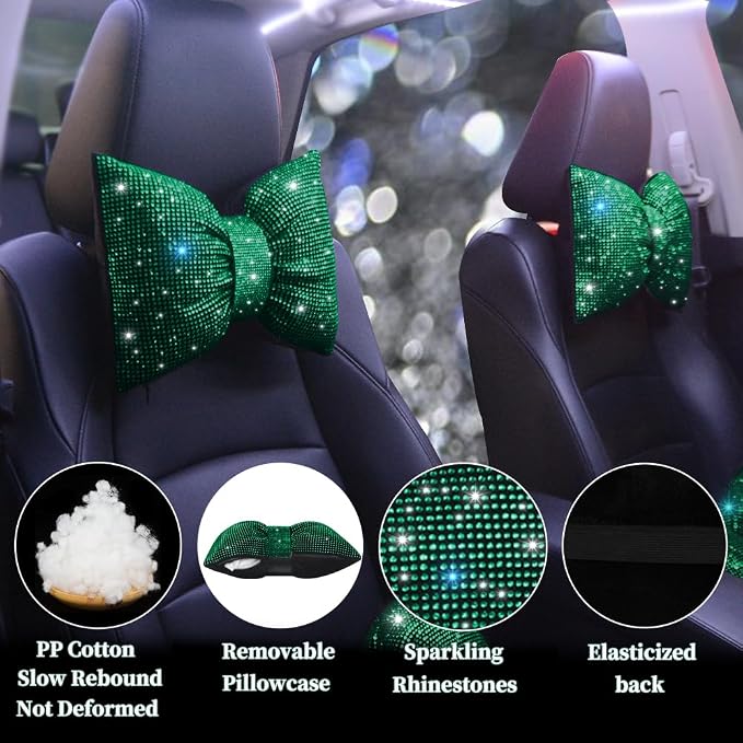 Bling Car Pillows Rhinestones Bowknot Neck Cushion Pillowsdiamond-Studded Headrest Accessories for Women Colourful Rhinestone Car Accessories Green 2Pcs