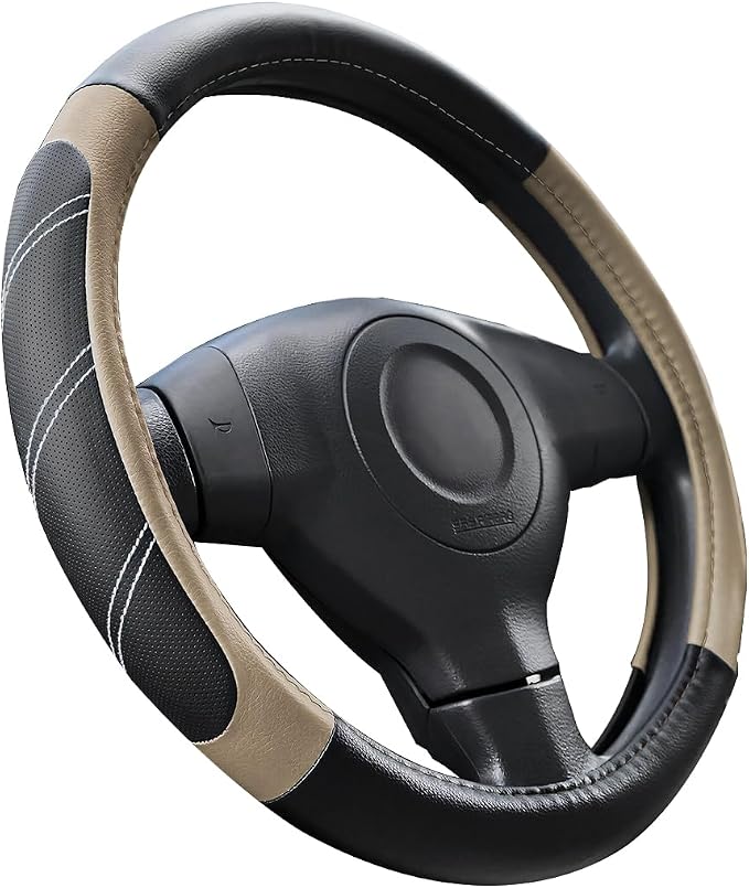 Osilly Car Steering Wheel Cover, 14.5-15" Leather Breathable Anti-Slip Stylish Steering Wheel Protector, Comfortable Auto Interior Decoration Accessories, Universal for SUV Van Truck (Black Beige)