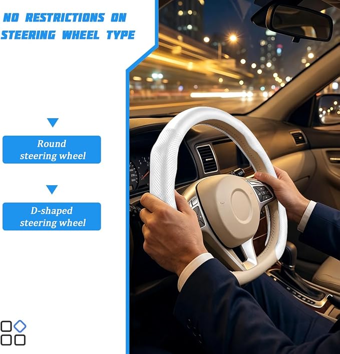 Car Steering Wheel Cover, Comfortable Grip Non-Slip Breathable Vehicle Steering Wheel Protector, Automotive Interior Decoration Accessories, Universal Fit (White)