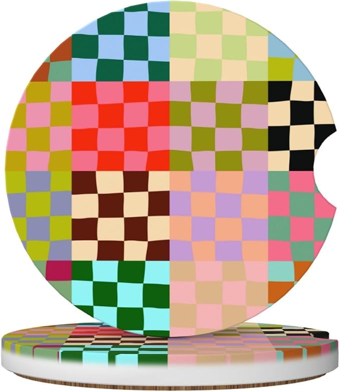 Colorful Checkered Car Coasters for Cup Holders,2 Pack Car Cup Holder Coasters for Car,Ceramic Absorbent Car Coaster with A Finger Notch and Cork Base,Car Interior Accessories for Women Men