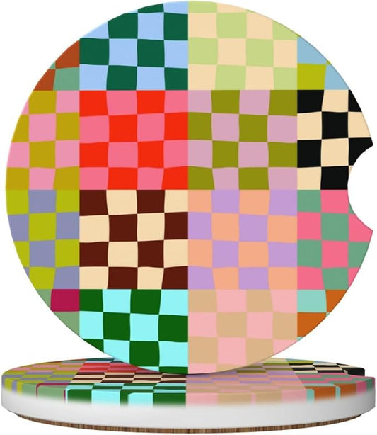 Colorful Checkered Car Coasters for Cup Holders,2 Pack Car Cup Holder Coasters for Car,Ceramic Absorbent Car Coaster with A Finger Notch and Cork Base,Car Interior Accessories for Women Men