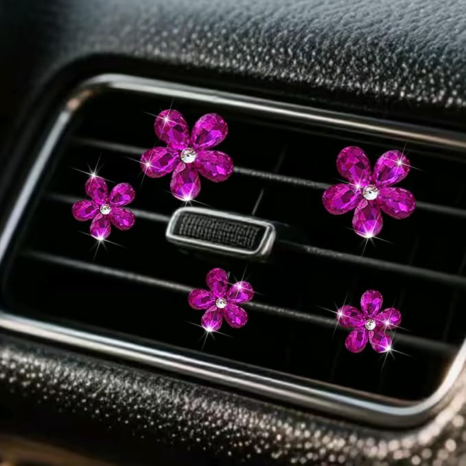 Zpana Bling Daisy Flower Car Air Vent Clips, 5PCS Sparkling Crystal Rhinestone Cute Vehicle Air Conditioning Clamp, Diamond Auto Air Outlet Clip Decor for Women Girls, Universal Fit (Rose Red)