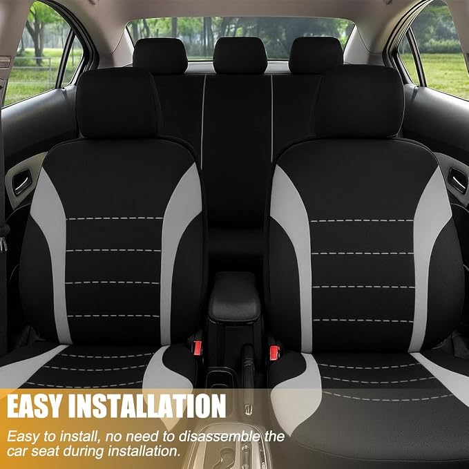 Car Seat Cover Full Set, Fashion Soft Sponge Vehicle Front and Rear Split Bench with Removable Headrest Cover, Breathable Auto Seat Protector, Universal for Truck SUV Sedan (Gray/Black)