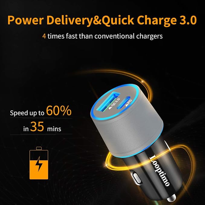 45W Fast USB C Car Charger for Google Pixel 10/10 Pro/10 Pro XL/9/9a/8/7, Galaxy S26+/S25 Ultra, Looptimo Android Phone Plug PD & QC3.0 Cigarette Lighter Adapter with Rapid Charging 3.3ft Type C Cable