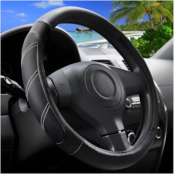 Zpana Car Steering Wheel Cover, 15 Inch Carbon Fiber Leather Non-Slip Steering Wheel Protector with Lining, Breathable Automotive Interior Accessories, Universal for SUV RV Truck (Black)