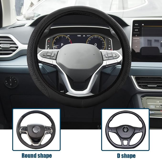 Car Steering Wheel Cover, Universal 14.5-15 Inch Beige Leather Steering Wheel Wrap with Better Sport Grip for Men Women, Anti-Slip Breathable Car Interior Accessories for Most Vehicles (Black2)