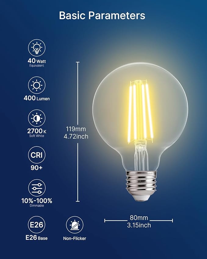 FLSNT G25 LED Globe Edison Bulbs for Bathroom Vanity & Mirror Lighting, 2700K Soft White, CRI90+ Dimmable, 40W Equivalent, 400LM, E26 Base, Clear Glass Decorative Bulbs, UL Listed, 12 Pack