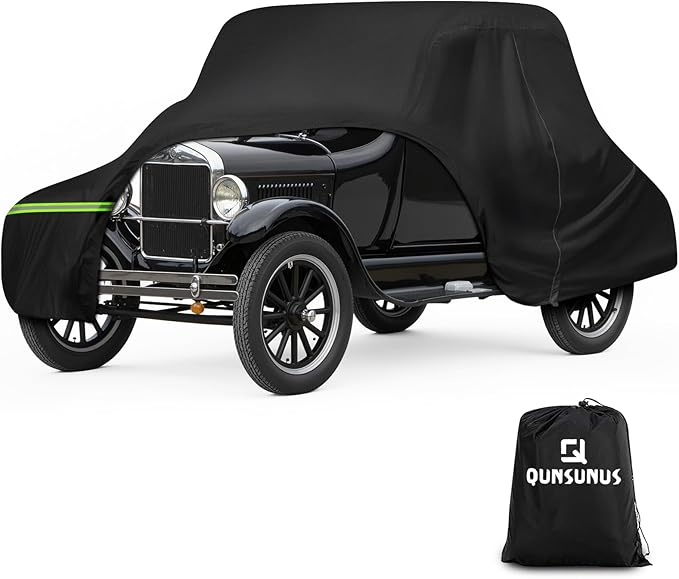QUNSUNUS Car Cover for Ford Model T 1908-1927 Waterproof with Cotton Lining | Heavy 420D Oxford Outdoor All-Weather Model T Car Cover, with Zipper and Straps, for Dust, Sun, Wind Protection