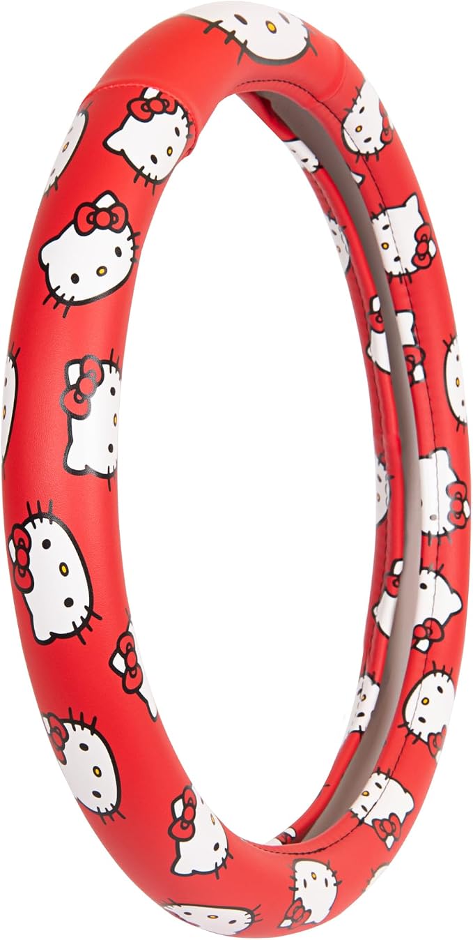 Hello Kitty Steering Wheel Cover Official Sanrio Car Accessory Universal Size 14.5 to 15 Inch Cute Red Design for Women Girls Sedans SUVs Trucks, Anti-Slip Grip, Stretch-Fit Design