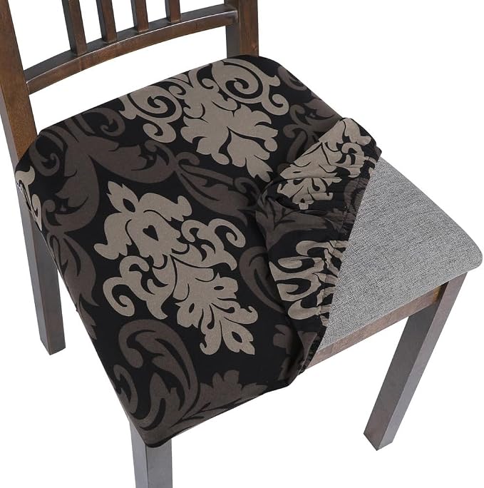 SearchI Seat Covers for Dining Room Chairs Stretch Printed Chair Seat Covers Set of 4, Removable Washable Upholstered Chair Seat Protector Cushion Slipcovers for Kitchen, Office(Black/Brown)