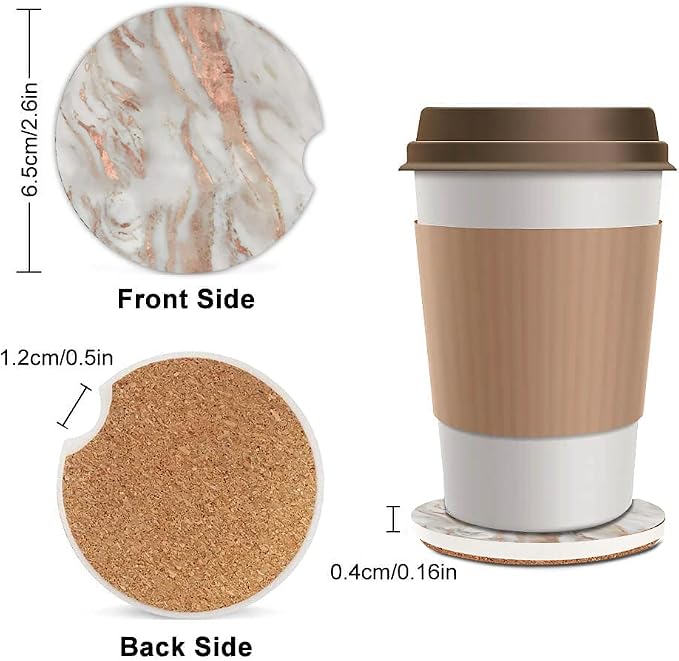 2 Pack Absorbent Car Coasters for Cup Holders,Rose Gold Marble Ceramic Coasters with Cork Back and Finger Slot,Cupholder Accessories to Keep Your Car Cup Holders Clean and Dry 2.56"