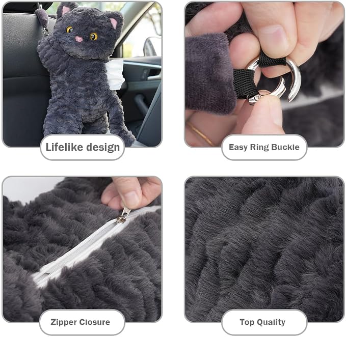 Tissue Box Cover Plush Tissue Box Holder for Car, Home, Decorative Holder/Organizer for Bathroom Vanity Countertop, Nightstands, Office Desk-Cat