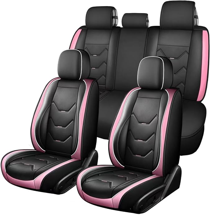 otoez Car Seat Covers Full Set, 5 Seat Pink Leather Seat Cover for Car, Waterproof Automotive Front and Back Seat Protectors for Most Sedens Trucks SUVs, Black & Pink