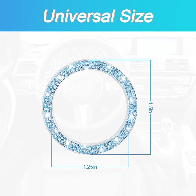 Car Bling Crystal Rhinestone Engine Start Ring Decals, 2 Pack Car Push Start Button Cover/Sticker, Key Ignition Knob Bling Ring, Sparkling Car Interior Accessories for Women (Blue)