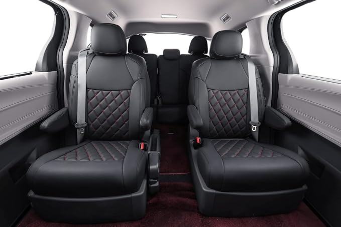 Coverdream Sienna Leather Car Seat Covers Custom Fit for 2011-2020 Toyota Sienna SE,LE,XLE,SE Premium,XLE Premium,8-Seater,Full Coverage,Airbag Compatible Auto Seat Protector (Full Set,Black/Red Line)