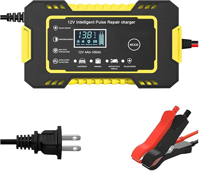 Car Battery Charger, 12V 6A Smart Fully Trickle Vehicle Battery Charger & Desulfator with Temperature Compensation, Portable Automotive Power Maintainer, Universal Fit (Yellow)