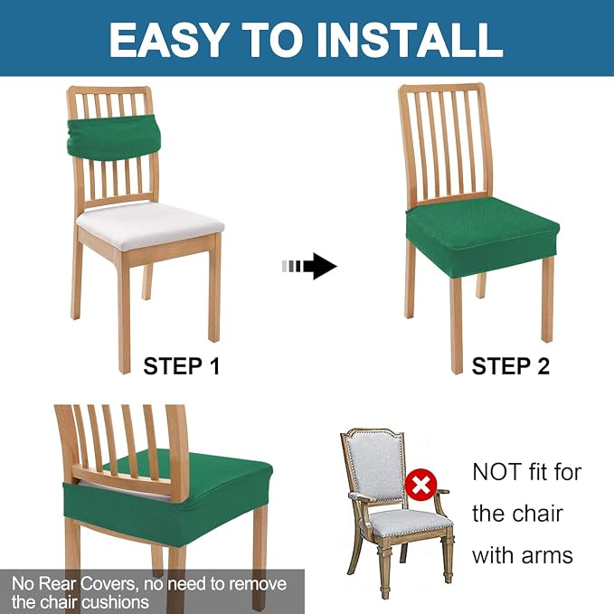 Smiry Waterproof Seat Covers for Dining Room Chairs Set of 2, Stretch Jacquard Removable Washable Chair Seat Slipcovers Protector, No Rear Covers, Chritsmas Green