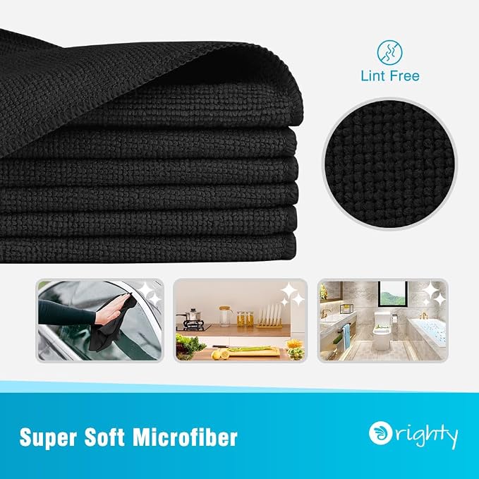 Orighty Microfiber Cleaning Cloth, Cleaning Rags, 12 Pack, 12x11 in, Black | Microfiber Towels for Cars, Soft Highly Absorbent Rag, Lint Free Cloths for Car Care, House, Kitchen