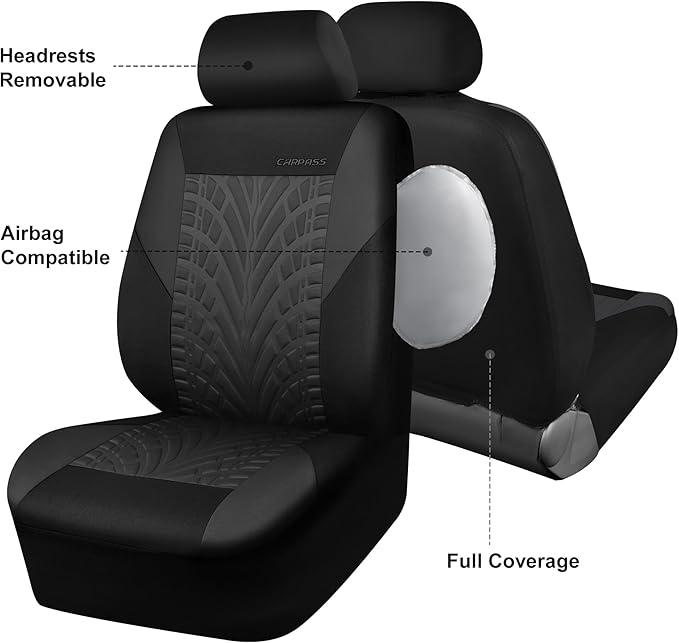 CAR PASS Emboss Tyre Front Seat Covers, Universal Fit Elastic Breath Premium Cloth seat Covers Front Seats only for Truck SUV Sedan, Airbag Compatible, Charcoal on Black