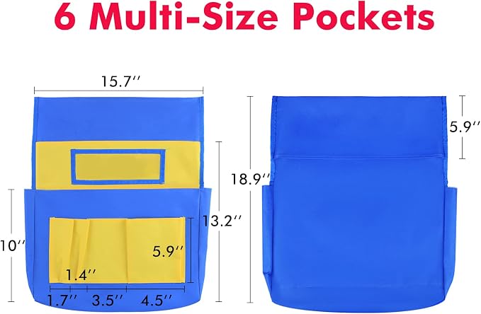 Chair Pockets for Classrooms, 15.7" × 18.9" – 6 Pockets Chairback Storage Organizer with Name Tag Window, Student Desk & Seat-Back Management for Books, Folders & School Supplies, Yellow+Blue