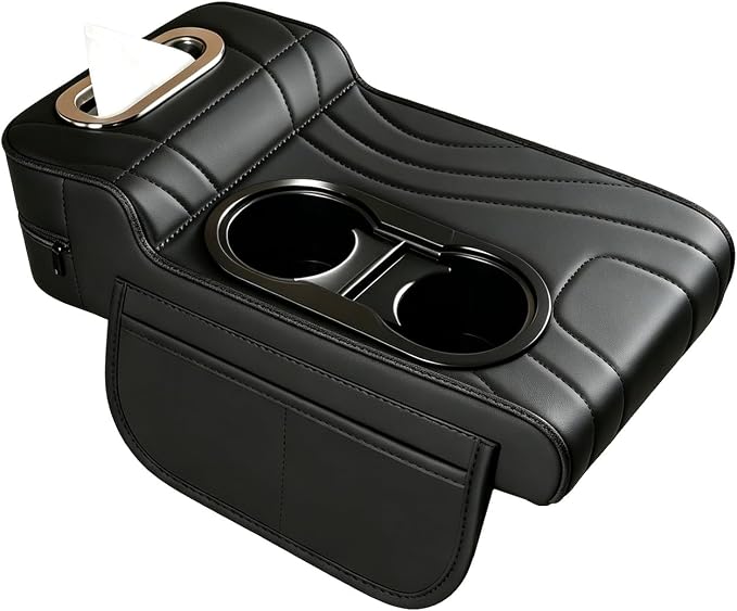Car Armrest Cover, Embroidered Leather Car Armrest Cushion 4-in-1 Center Console Organizer with Dual Cup Holders, Tissue Box, 2 Side Storage Pockets & Card Slot, Universal for Most Cars (Black)