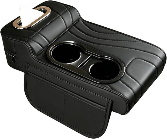 Car Armrest Cover, Embroidered Leather Car Armrest Cushion 4-in-1 Center Console Organizer with Dual Cup Holders, Tissue Box, 2 Side Storage Pockets & Card Slot, Universal for Most Cars (Black)