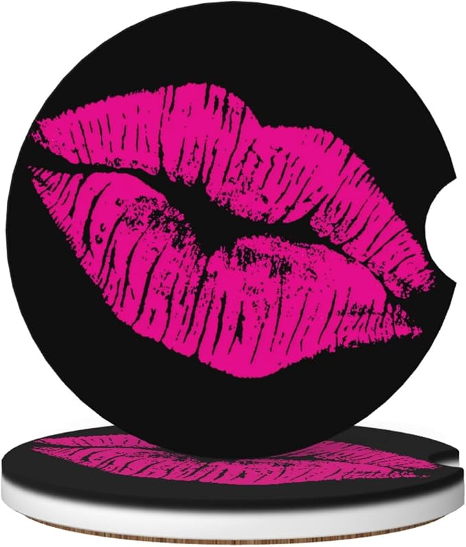 80s Hot Pink Kiss Lips Absorbent Ceramic Car Coasters 2 Pack Round Insert Cupholder Coaster Car Cup Holder Mat with Finger Notch Anti-Slip Cork Base Reusable Drink Coasters 2.56 in