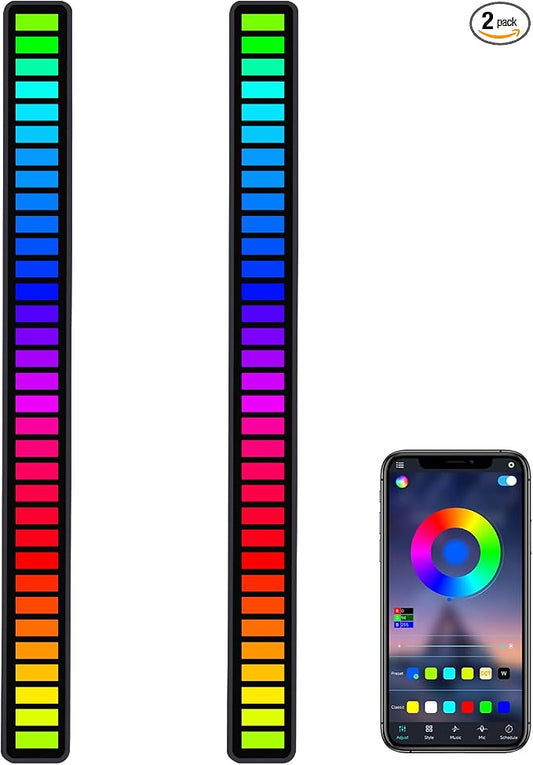 RGB Sound-Activated Music Rhythm Car Ambient LED Strip Light, 2packs | Gaming or Party Atmosphere, Sound-Sensitive Pulsing, Rechargeable Battery, Soft RGB Lighting, Type-C Charging (App)