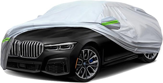 TUCAREST 6-Layers Premium Full Car Cover Hard Shell Zipper Design Waterproof All Weather Weatherproof UV Sun Protection Snow Dust Storm Resistant Outdoor with Straps (Fit for Sedan 205"- 216")