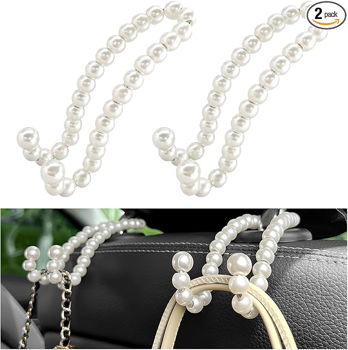 DXNQ 2 PCS Elegant Pearl Car Seat Headrest Hook, Cute Car Seat Hook Hanger Storage Organizer for Handbag Purse, Interior Decoration Headrest Hanger for Women Girls, Car Accessories