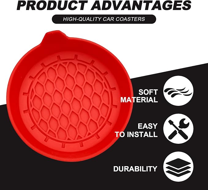 4-Pack Universal Cup Holder Coasters, Black Silicone Inserts - Keep Your Car Clean with Non-Slip & Spill-Proof Coasters for All Vehicles (Red)