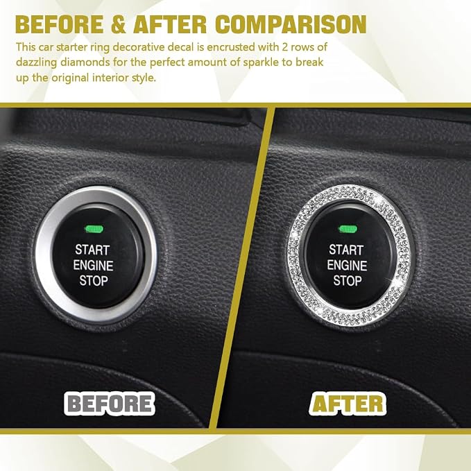 Bling Car Crystal Rhinestone Ring Emblem Sticker, Push to Start Button Cover/Sticker, Key Ignition Starter & Knob Ring, Car Interior Decoration Bling Car Accessories for Women