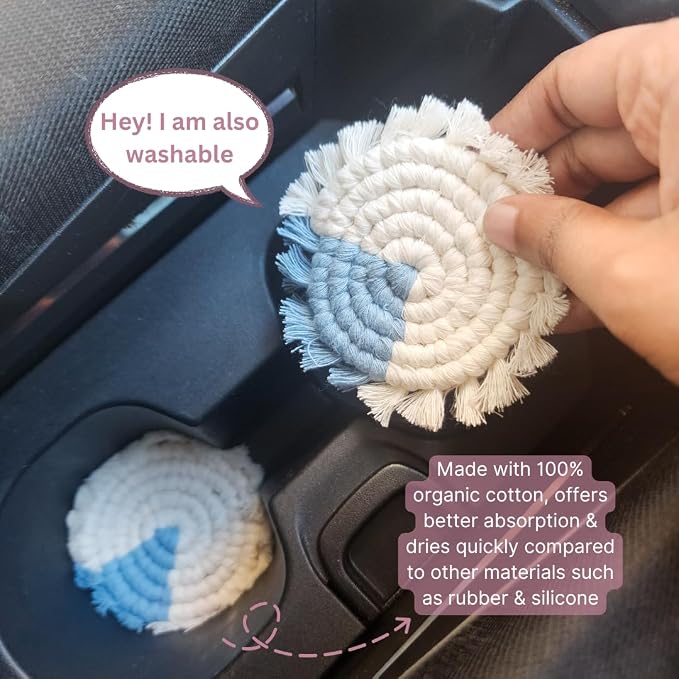 Cotton Car Coasters for Cup Holders, 2PC Car Cup Coasters, Drink Coaster Holder, Cute cupholder Coaster Accessories for Women, Macrame, Boho (Mystic Peacock)