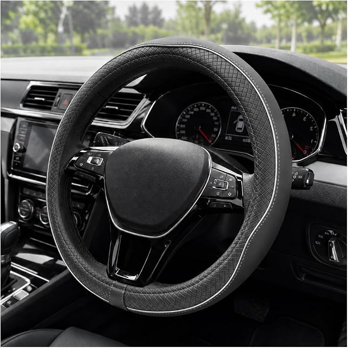 Car Steering Wheel Cover, 15 Inch Anti-Slip Breathable Leather Auto Steering Wheel Protector, Full Surround Soft Steering Wheel Cover for Men Women, Car Interior Accessories (Gray & White)