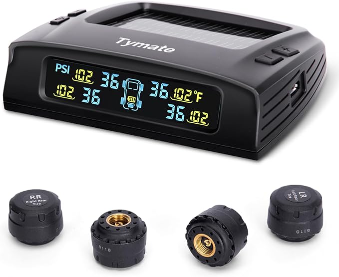 Tymate TM2 RV Tire Pressure Monitoring System, Tire Pressure Monitor with Solar Charge, TPMS with 4 Sensors(Max. 10) & 6 Alarm Modes, Color LCD Display, 0-144PSI for RV/Trailer/Truck/SUV/Fifth Wheel