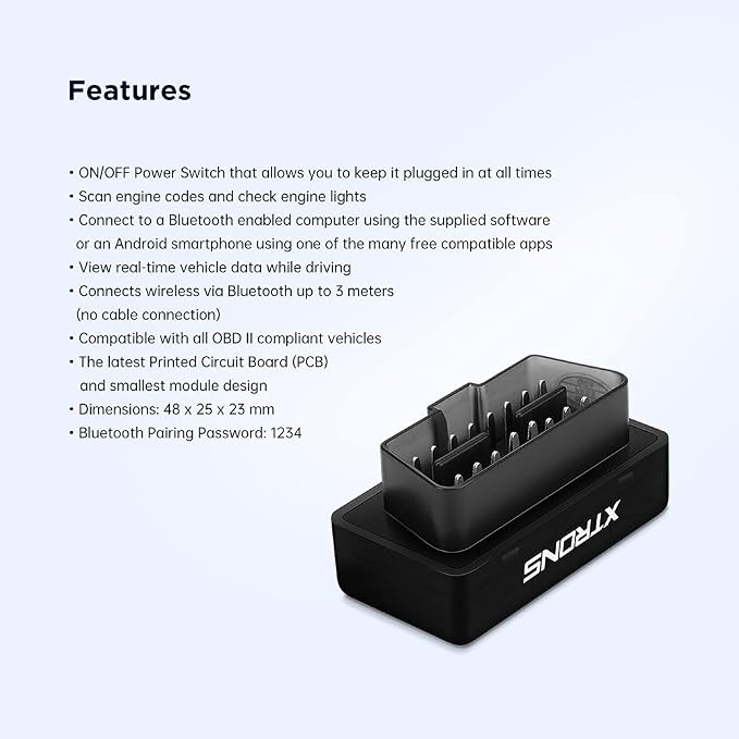XTRONS OBD2 II Car Auto Diagnostic Tool Car Code Reader Check Engine with ON/Off Switch for Android Car Stereo Phone